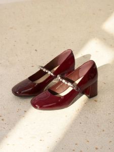 Josiny | Red High Heels Women Wedding Shoe French Style Thick Heel Crystal Decorated