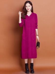 ฤดูใบไม้ร่วง ฤดูหนาว ยาว มีฮู้ด เสื้อสเวตเตอร์แคชเมียร์ ผู้หญิง หลวม ถัก เดรส กระโปรงยาวปานกลาง มียาว แขนเสื้อ เทคโนโลยี Heattech Thermal