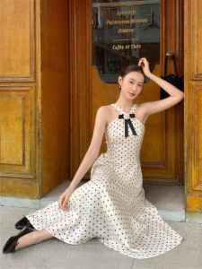 XXNING | Đầm Chấm Bi Kiểu Pháp Có Nơ Tháo Lắp Được