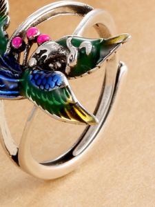 Retro Aged Blue Silver Ring for Women High Aesthetic Phoenix Peacock Artistic Style Adjustable Open Hand Ring Tibetan Silver