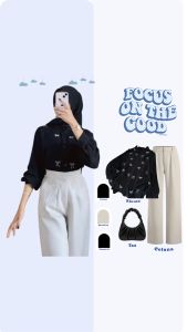 atasan skena wanita one set ( Blouse Bordir Pita + Celana ivory + Tas Aesthetic + Hijab ) AM313R