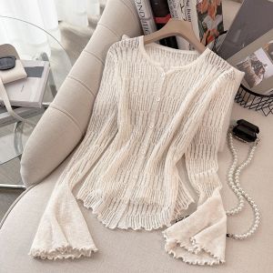 PAILAKOU | Lightweight Knitted Hollow Out Long Sleeve Cardigan Women Summer Thin Outerwear Sun Protection Air Conditioning Slim Fit Outerwear