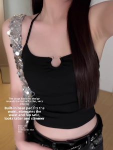 chaqi | Spicy Girl Black Backless Neck Hanging Small Vest Womens Summer New Style With Chest Pad Pure Desire Beautiful Back Strap Top