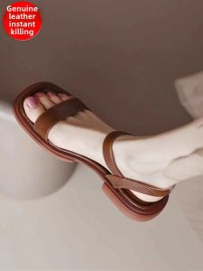 Low Heel Real Leather Soft Bottom Roman Style Sandals for Women with Buckle Design Large Size Flat Bottom Slip-On Shoes