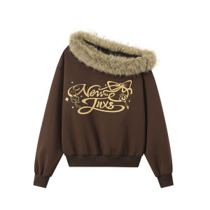 JNXS | Thermal Comfort Mamba Cotton Fur Collar Asymmetric Loose Womens Fall Sweatshirt