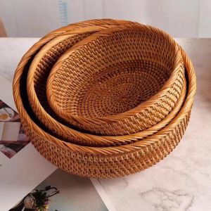 Handmade Home Use Shallow round Dim Sum Plate Wicker Weaving Steamed Bun Storage Basket Living Room Fruit Basket Woven Hollow Box