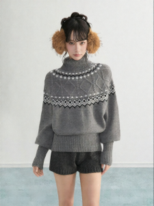 ARCG | Grey Fair Isle Cable Knit High Neck Thickened Knit Sweater