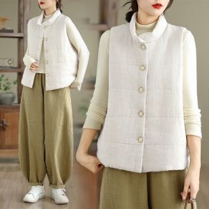 Simple Artistic Style Beige down Jacket Vest Womens Loose Casual Versatile Cotton Insert Outerwear Autumn New Arrival