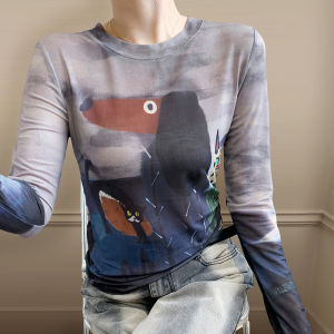 Yimei mùa hè mới quần áo chống nắng ôm vừa thời trang định vị lưới áo in hình cổ tròn dài tay T-Shirt cho phụ nữ