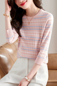 เสื้อสเวตเตอร์ถักลายทางแขนสั้นสำหรับผู้หญิง ฤดูใบไม้ผลิ 2025 เสื้อชั้นในทรงสลิมฟิตสำหรับสวมใส่ด้านนอก ลดอายุ เสื้อผ้าทำงาน