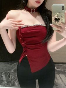 GUZILIAN | Autumn Winter Elegant Sweet Spicy Womens Heavy Embellished Camisole Tank Top Bottoming Inner Wear Asymmetrical Slim Fit Short Top