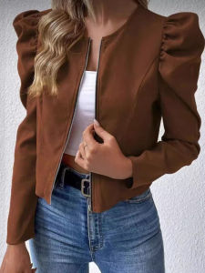 เสื้อแจ็คเก็ตแขนยาวแบบมีซิปเปิด ทรงพอง สำหรับผู้หญิง ฤดูร้อน 2025 เสื้อผ้ากีฬาลำลอง ไม่มีแบรนด์ ไม่มีเครื่องหมายการค้า ไม่มีราคา