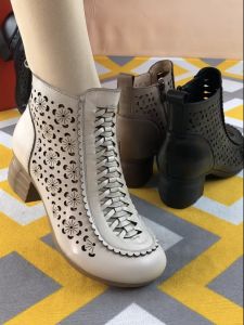 Leather Hollow out Womens Boots Summer New Medium Heel Soft Leather Thick Bottom Breathable Casual Comfortable Mom Shoes