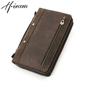 Hiram Crazy Horse Cowhide Leather Men Clutch Bags Wallet Wrist Long Purse Handy Pocket Male Large Capacity Multifunction Wallets Male