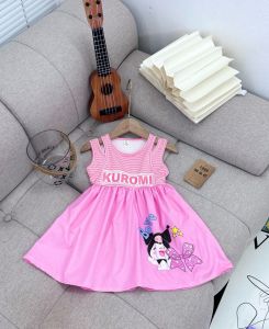 Váy sát nách cotton phối tùng váy thô xòe rộng sang chảnh in hình Kuromi cho bé gái 8 - 22kg