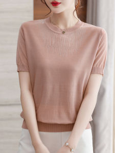 Summer Mommy Style Short Sleeve T-Shirt Ice Silk Knitted Thin Top Young Elegant round Neck Splice Hollow out Diamond Embellished Korean Version