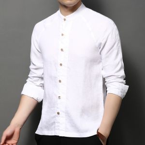 เสื้อเชิ้ตคอตั้งแขนยาวผ้าลินินแท้สำหรับผู้ชายฤดูใบไม้ร่วง 2024 ทรงหลวม ป้องกันรอยยับ เสื้อเชิ้ตลำลอง สีพื้น ผ้าลินินผสมคอตตอน