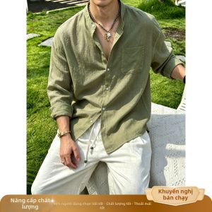 OUMULONG | Áo Flax Linen Nam Cổ Đứng Màu Xanh Quân Đội Vintage Dài Tay Chống Nắng Mỏng