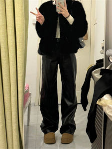 High Waist Straight Leg PU Leather Pants plus Size Loose Fit Matte Black Wide Leg Floor Length Trousers for Women