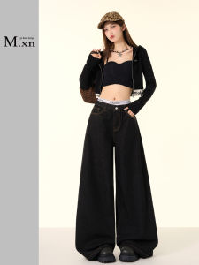 American Style Fleece Lined Wide Leg Jeans Womens Loose Straight Lazy Loose Feeling Floor Length Pants High Waist Denim