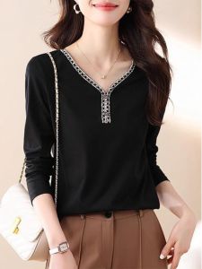 WANGGONGZHU | Elegant Long Sleeve T-Shirt Womens Fashionable Ageless Design Korean Style Loose Fit Pure Color V-neck Top For Autumn