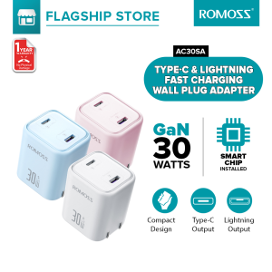 Romoss AC30SA 30W Fast Charging Charger GAN Wall Charger Dual Output Type C + Lighting Adapter For iPhone 12-16&Android