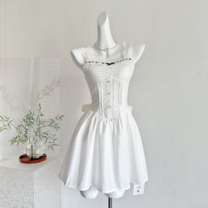 Váy Ngắn Tay Không Dây Màu Trắng Kiểu Pháp Cho Nữ Váy Ngắn Thắt Nơ Váy Mùa Hè Ngọt Ngào Váy Chữ A Không Tay Cổ Chữ V