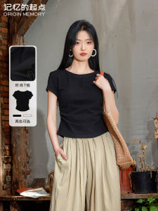 เสื้อยืดแขนสั้นทรงสลิมฟิตสำหรับผู้หญิง คอลเลกชั่นฤดูร้อน 2024 ดีไซน์กระโปรงสั้น คอตั้ง เสื้อตัวบนสีพื้น ผ้าฝ้ายผสมโพลีเอสเตอร์