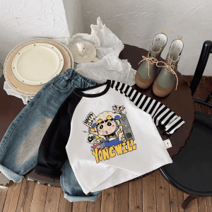 Long Sleeve Pure Cotton T-Shirt for Kids Boys Spring New Style Shoulder Insert Striped Sleeve Trendy Baby Base Shirt