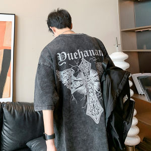 Heavyweight T-Shirt Trendy Mens Summer American Retro Short Sleeve Loose Fashionable Cotton round Neck Print T-Shirt for Teens