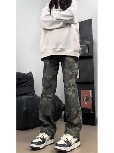 American Style Camouflage Denim Pants Womens Cool Chopper Autumn 2025 New Workwear Straight High Street Pants