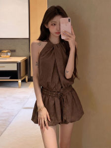 NIUVIES | French Style Caramel Color Sleeveless Neck-halter Waist Cinching Bloom Skirt Dress