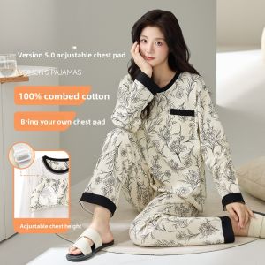 MiiOW | Pure Cotton Cat Person Sleepwear Long Sleeve Home Clothes Set For Women Spring Autumn New Style With Chest Pad Long Pants