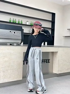 Straight Leg Pants for Kids Girls Drawstring Pants Korean Fashion Casual Pants 3 Pocket Bow Stripes Decoration Girls Loose Pants 7-16Yrs