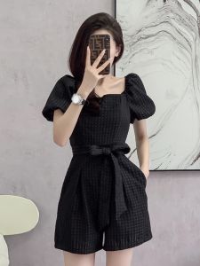 Summer French Style One-Piece Suit Womens Shoulder Bubblesleeve Square Collar Jumpsuit Shorts Set High Waist Short Pants