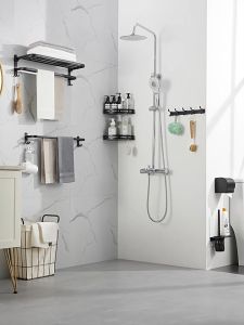 YissTiee Phòng tắm màu đen gấp đôi giá treo khăn lưu trữ giá treo khăn thanh quần áo móc hộp khăn giấy góc giá treo bàn chải nhà vệ sinh giá xà phòng giá để máy sấy tóc Sản phẩm nhôm không thấm nước và không rỉ sét với khả năng chịu tải mạnh