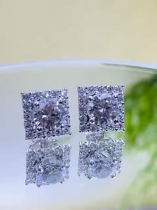 Bông tai nữ bạc xi bạch kim kiểu vuông Khóa vặn đá chủ 6mm Khuyên tai bạc nữ vuông mạ vàng trắng Bông tai Moissanite Mỹ D/FL kiểm định GRA màu trắng và màu xanh đẹp Hoa tai bạc thật xi kim thiết kế sang trọng đẳng cấp  - KIM LỘC PHÁT BVLV05