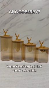 Chocoberry7 Toples Kaca Set 4 Pcs Toples Rusa Gold Premium Toples Tutup Bambu Kedap Udara Toples Kue Lebaran Hampers dengan Box Warna