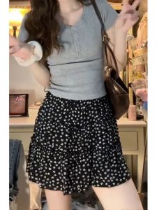 Váy Ngắn Chữ a Họa Tiết Hoa Màu Đen Cạp Cao Cho Nữ Mùa Thu Đông Cỡ Lớn Che Bụng Giúp Thon Gọn Cho Dáng Người Quả Lê