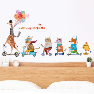 Decal giấy dán tường đoàn thú Happy Day có keo sẵn - Trang trí phòng bé vui nhộn sắc màu