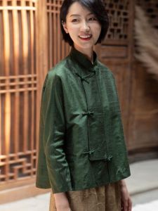Spring Autumn Chinese Style Loose Fit Silk Blend Womens Jacket Stand Collar Tang Costume Top Slimming Outerwear Shirt