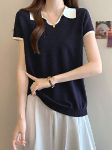 Shalldoer | Korean Style Turn-down Collar Color Block Design Short Sleeve Womens T-shirt Summer New Fashion High-End Feeling Top