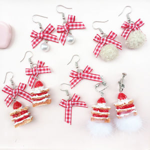 Cute Christmas Strawberry Cake Ear Cuff Retro Japanese Style Plaid Bow Knot Squirrel Fur Ball Earrings Fashionable Jewelry