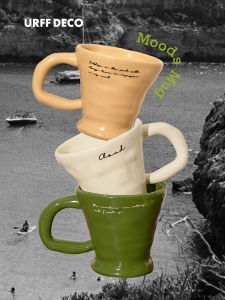 URFF DECO Large Capacity Ceramic Mugs Handmade Irregular Coffee Cups Mood Design Nordic Style Pure Color for Adults Daily Use