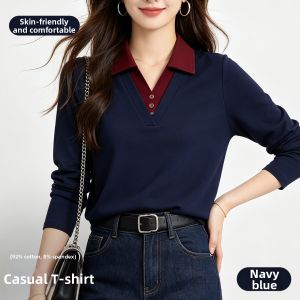 TUCANO | Collar Flap Stylish Versatile Womens Long Sleeve Solid V-Neck T-Shirt