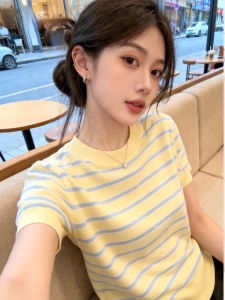 HUOLISI | Yellow Stripes Round Neck Loose Short Sleeve T-shirt Feminine Leisure Wear