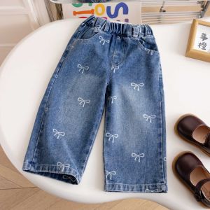 Autumn 2-7Y Girls Denim Pants Wide Leg Bow Print Children Jeans Girls Trousers Loose Straight Casual Kids Trousers