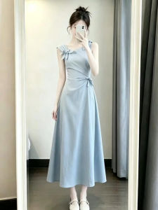 PEIZIXUAN | Đầm Dây Buộc eo Phong cách Pháp Mùa hè Màu xanh