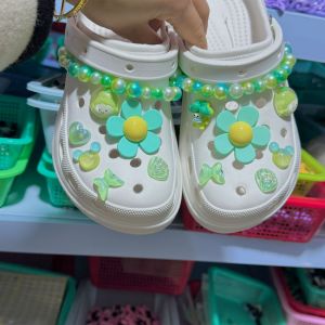 14 cái/bộ CROCS jibbitz quyến rũ mùa hè màu xanh lá cây hướng dương Giày phụ kiện có thể tháo rời trang trí khóa giày chuỗi cho CROCS