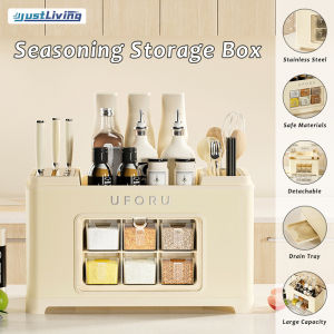 JustLiving Spice Rack Finisher Stainless Steel Kitchen Organizer - 4-in-1 Multi-Functional Storage Solution with Knife Rack/ Utensil Holder/ Shelf and Spice Container - Space Saver Large Capacity Dust-proof